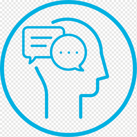 Una persona que es influenciada por la comunicacion y ha su vez comunica. Se trata de un logo en color turquesa.